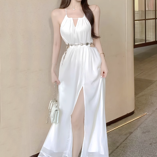 Slit Loose Halter Neck Belt White A-Line Dress