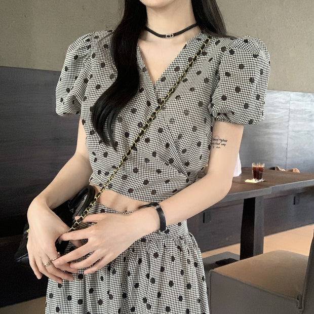 Polka dot puff sleeve v-neck top lace-up skirt set