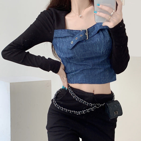 Spliced Long-Sleeved Fake Square Collar Cropped Top