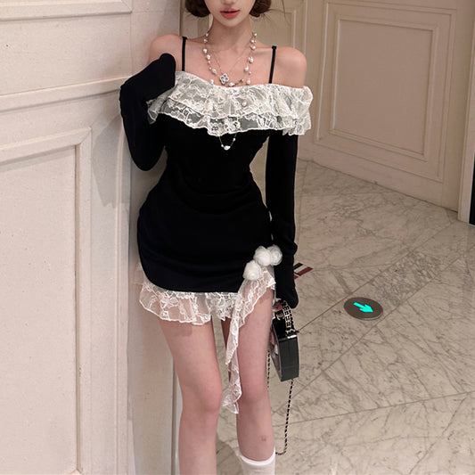 Sexy And Stylish Off-The-Shoulder Long-Sleeved Lace-Trimmed Bodycon Dress