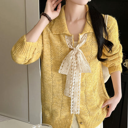 Hollow Lace Bow Knitted Cardigan