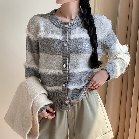 French Retro Colorful Striped Cardigan Jacket