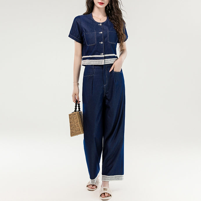 Fashionable Lace-Trimmed Tencel Denim Suit