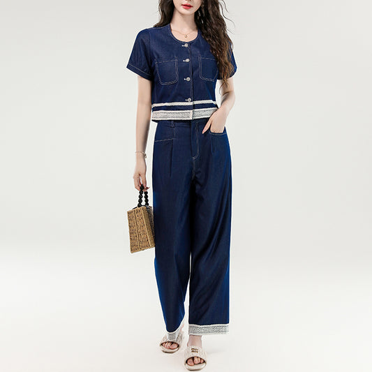 Fashionable Lace-Trimmed Tencel Denim Suit