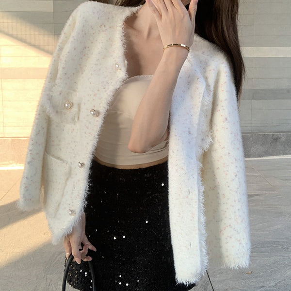 Long-Sleeved Single-Breasted Faux Mink Lace Coat