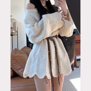 Irregular Lace Hollow Knitted Off-Shoulder Sweater Dress