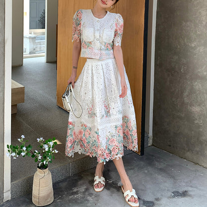 Lace Floral Puff Sleeve Skirt Set