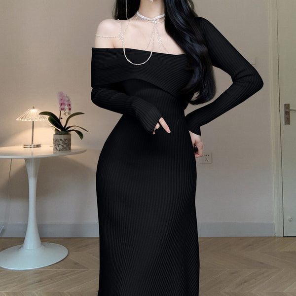 Chain One Shoulder Slim Long Sleeve Knitted Dress