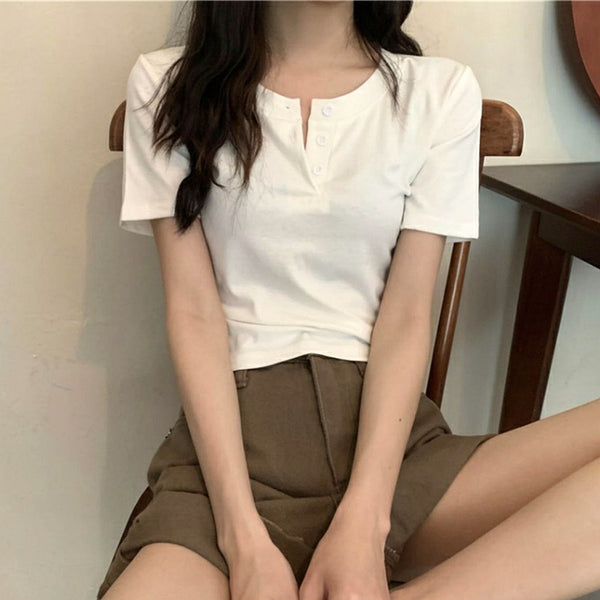 Button-Down Short-Sleeved Solid Color Slim Fit T-Shirt