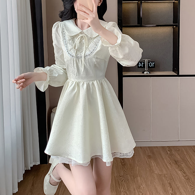 Sweet And Elegant Shirt Collar Waist Long Sleeve Dress