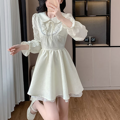 Sweet And Elegant Shirt Collar Waist Long Sleeve Dress