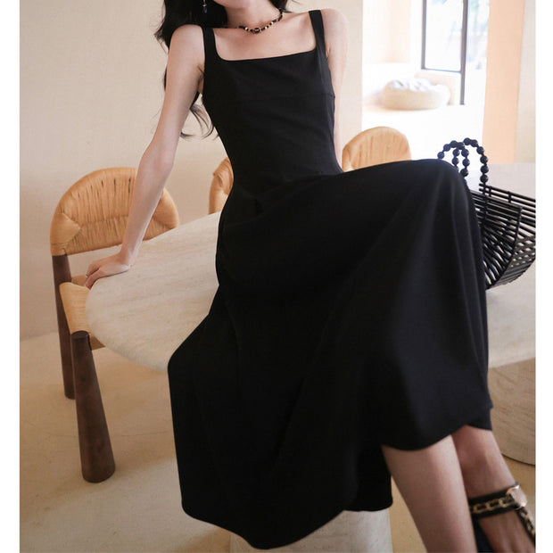 Sleeveless square neck high waisted black dress