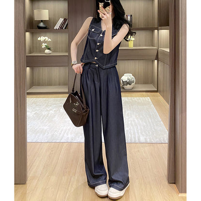 Tencel Denim Vest And Wide-Leg Pants Two-Piece Set