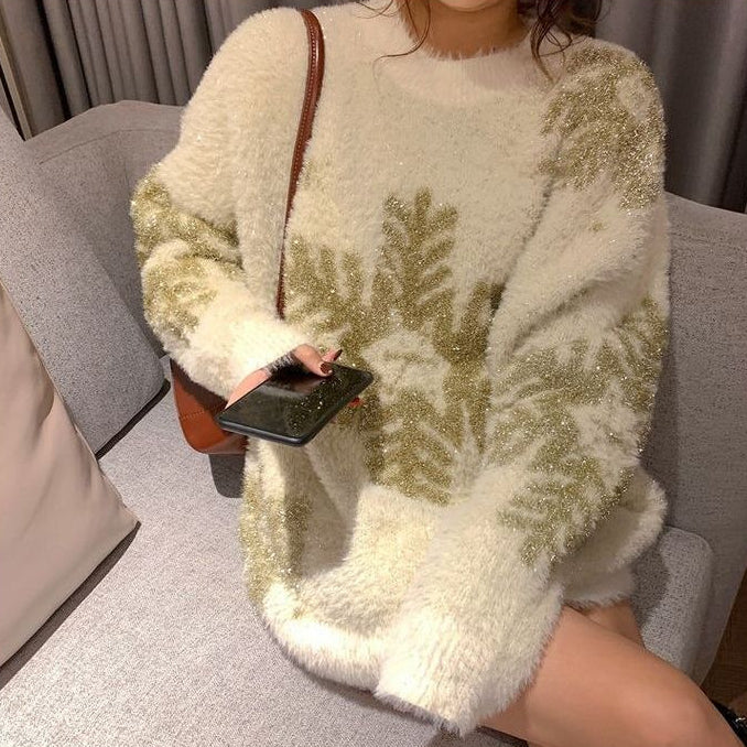 Snowflake long sleeve crew neck christmas sweater