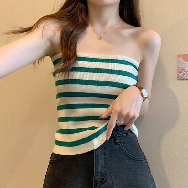 Striped Knitted Slim-Fit Stretch Bandeau Top