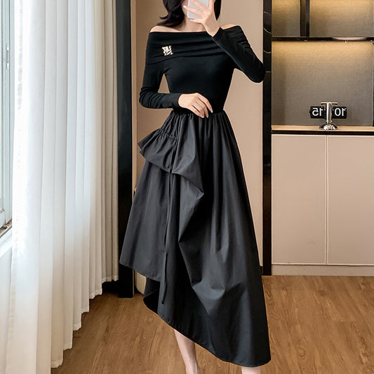 Off-The-Shoulder French-Style Fitted Black Dress