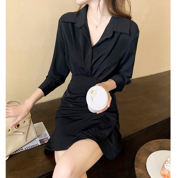 Solid Pleated Long Sleeve Bodycon Dress