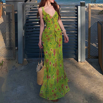 Summer Vacation Style V-Neck Floral Spaghetti Strap Dress