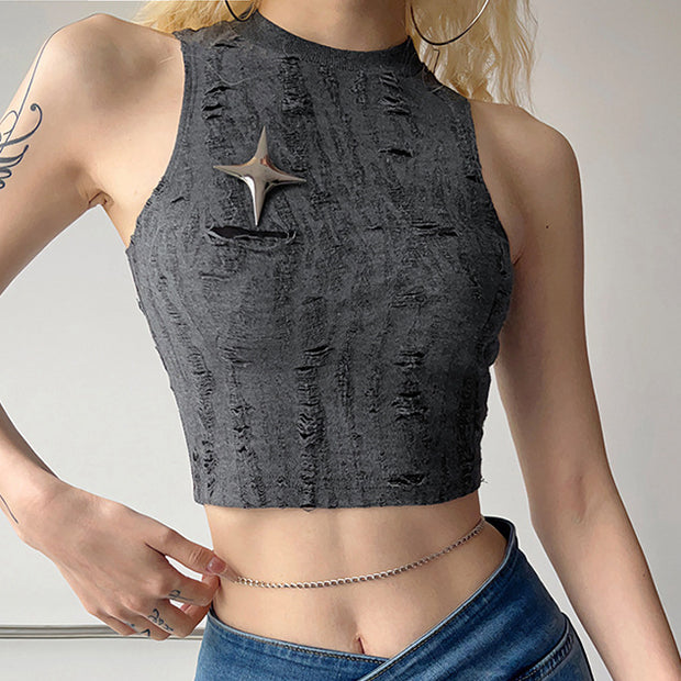 Sleeveless scrub crewneck ripped cropped top