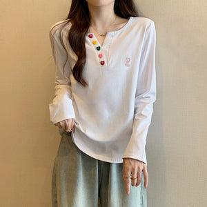 Solid Color Half Open Collar Long Sleeve T-Shirt Top