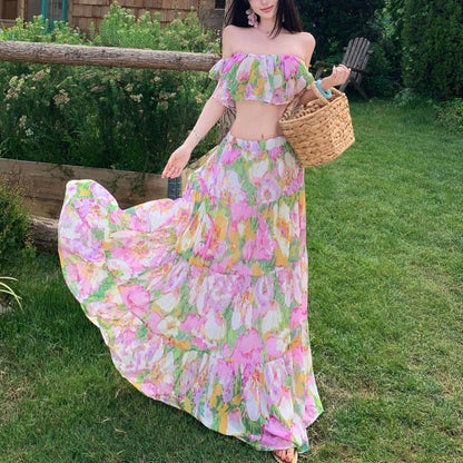 Oil Painting Floral Puff Sleeve Short-Sleeved Top And Skirt Set