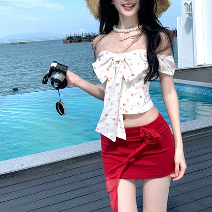Bow-Tie Off-Shoulder Top And Skirt Two-Piece Set