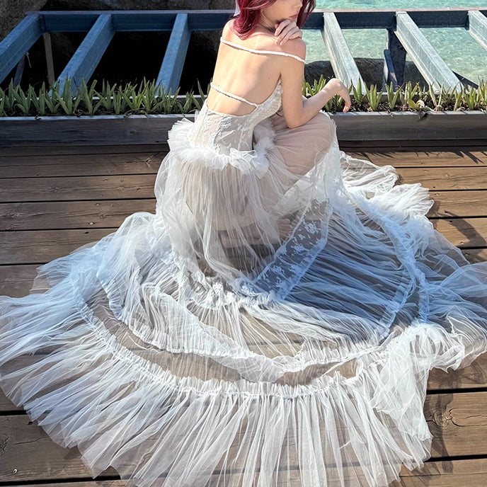 Vacation Lace Mesh Halter Neck Backless Dress