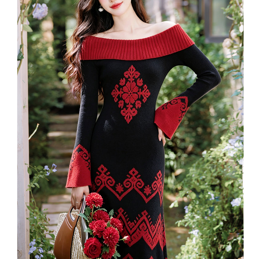 Off-The-Shoulder Vintage-Style Knit Dress