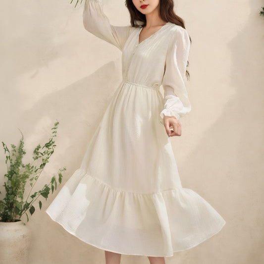 Lace Long-Sleeved V-Neck Fitted White Dress