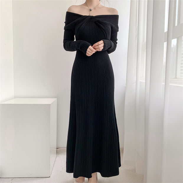 Braided off-the-shoulder high-waist knitted dress