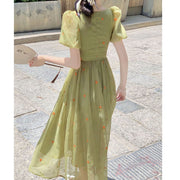 Square neck chiffon neck puff sleeve long dress