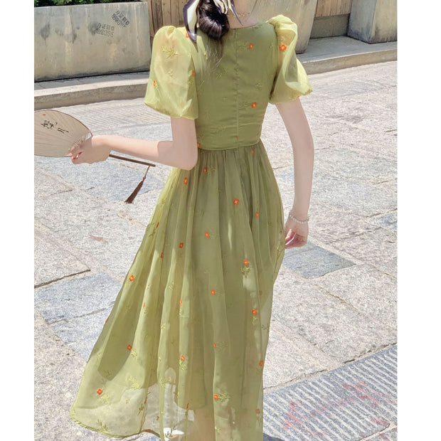Square neck chiffon neck puff sleeve long dress