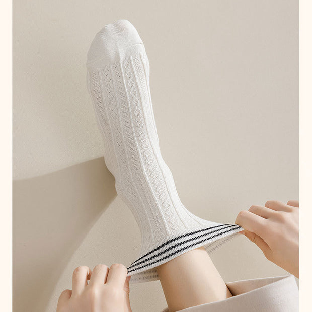 Striped textured mid-calf cotton socks