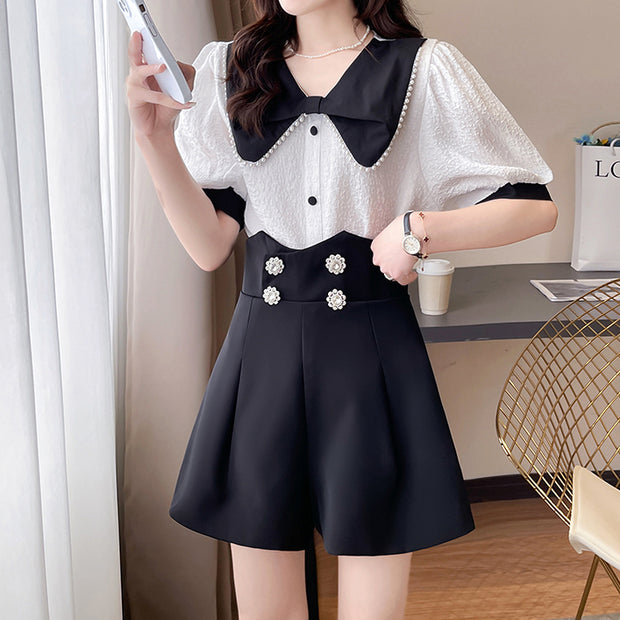 Contrasting color top high waist wide leg shorts set