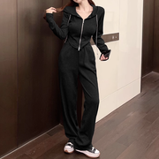 Zipper hooded irregular top casual pants set