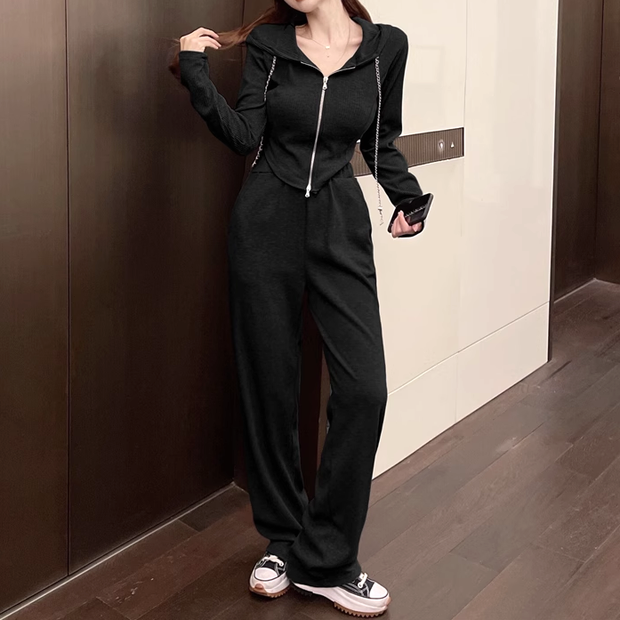 Zipper hooded irregular top casual pants set