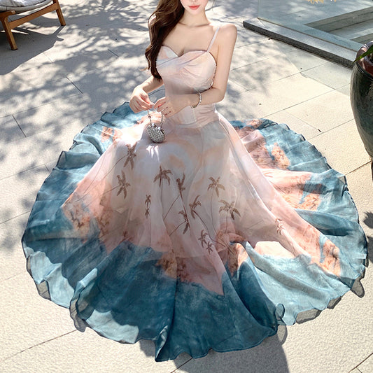 French-Style Tie-Dye Vacation Print Spaghetti Strap Dress