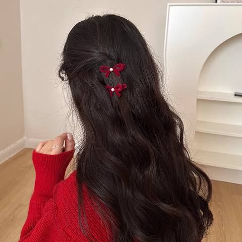 Bow Pearl Flocked Clip Side Hairpin Hair Accessory