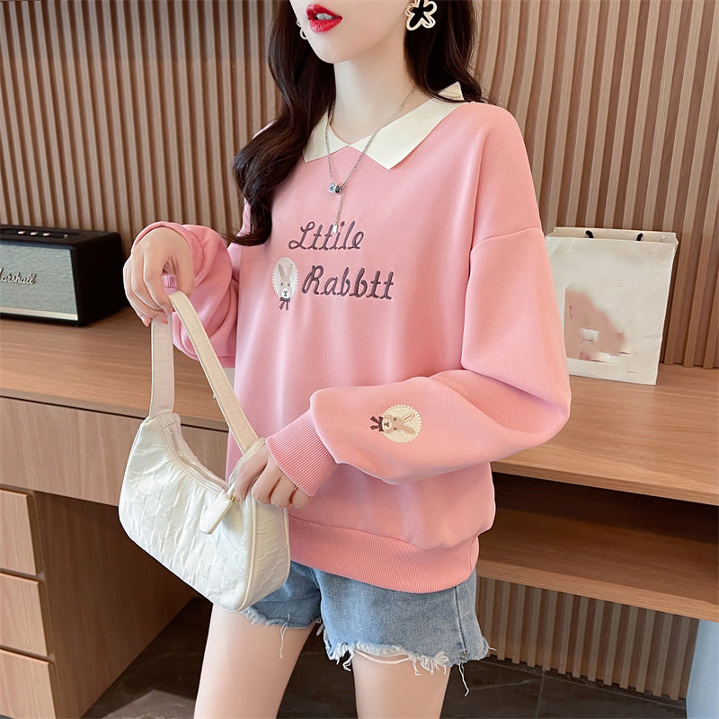 Loose-Fitting Op Collar Patchwork Plus Size Long-Sleeved Sweatshirt
