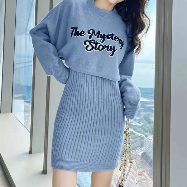 Loose Lettered Sweater Knitted Dress Set