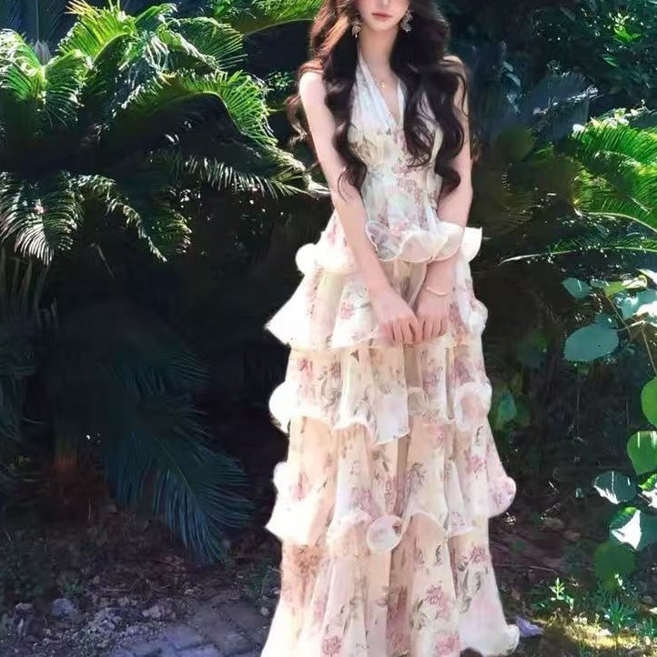 Chiffon Floral Halter Neck Vacation Dress