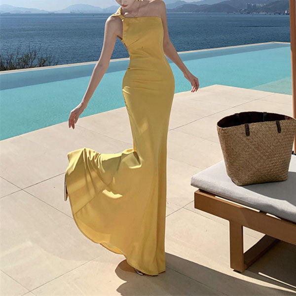 French-Style Backless Yellow Satin Evening Gown