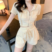 Zipper hooded slim top elasticated waist shorts set