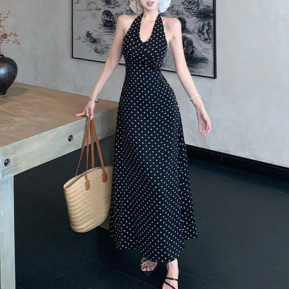 V-neck retro floral polka dot halter dress