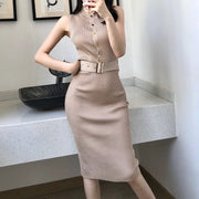 Sleeveless belted button slit stretch-knit dress