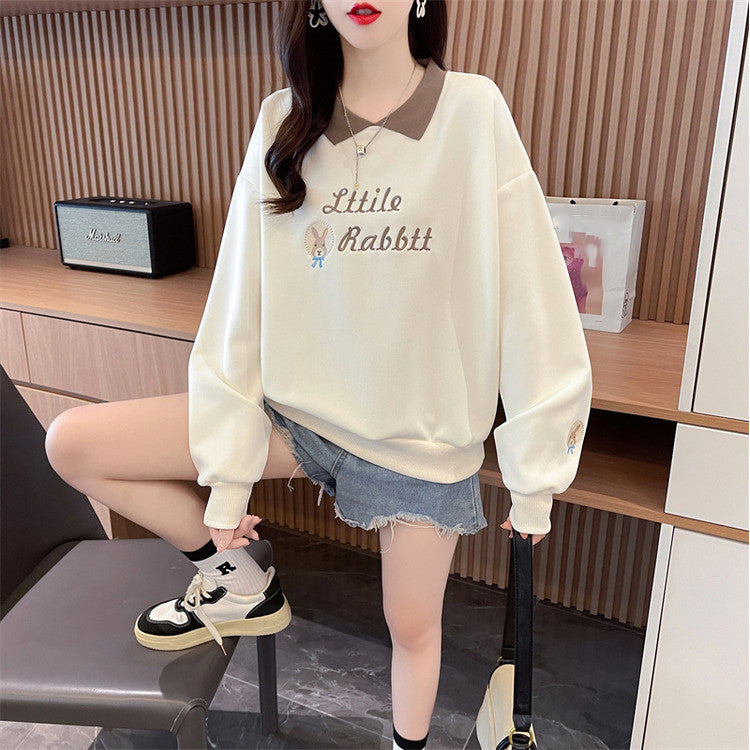 Loose-Fitting Op Collar Patchwork Plus Size Long-Sleeved Sweatshirt