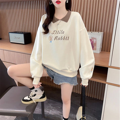 Loose-Fitting Op Collar Patchwork Plus Size Long-Sleeved Sweatshirt