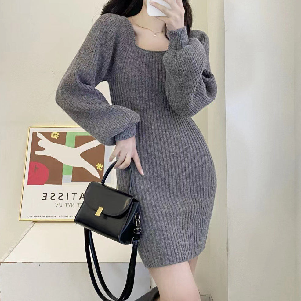 Loose Square Neck Knitted Sweater Dress