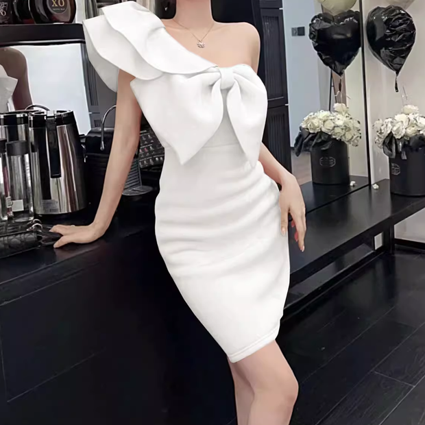 One shoulder bow ruffle bodycon dress