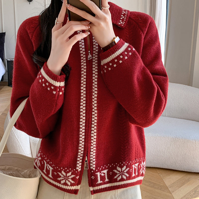 Snowflake Jacquard Colorblock Crew Neck Knit Cardigan